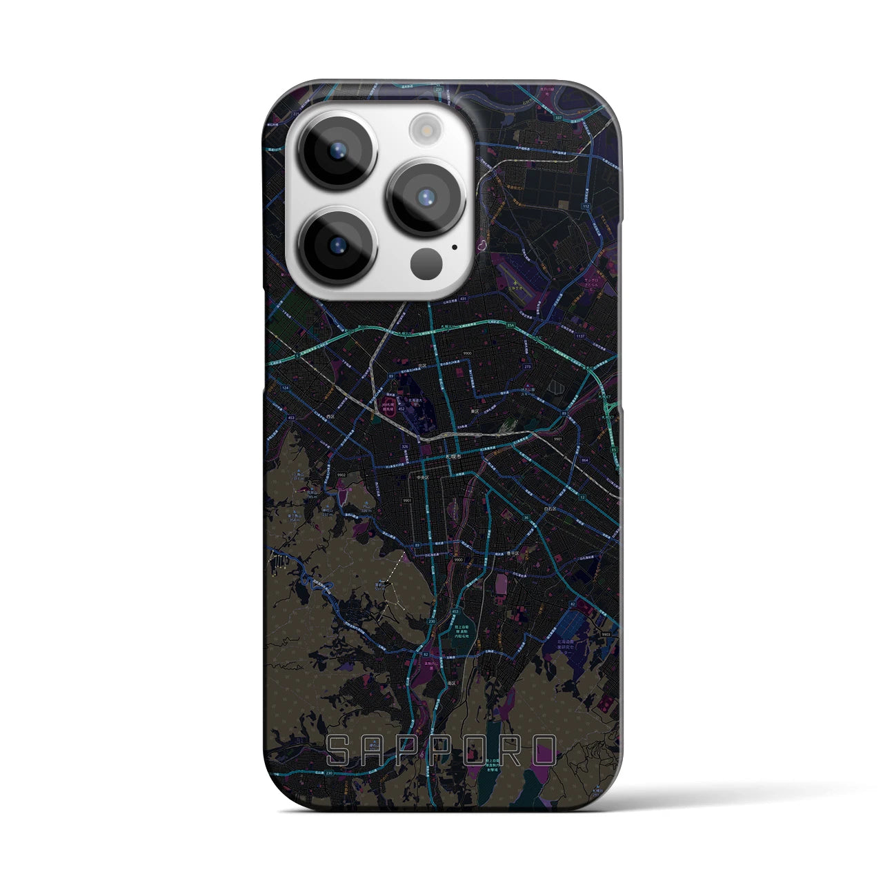 【札幌3】地図柄iPhoneケース（バックカバータイプ・ブラック）iPhone 14 Pro 用