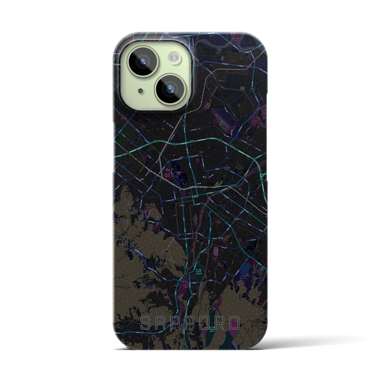 【札幌3】地図柄iPhoneケース（バックカバータイプ・ブラック）iPhone 15 用