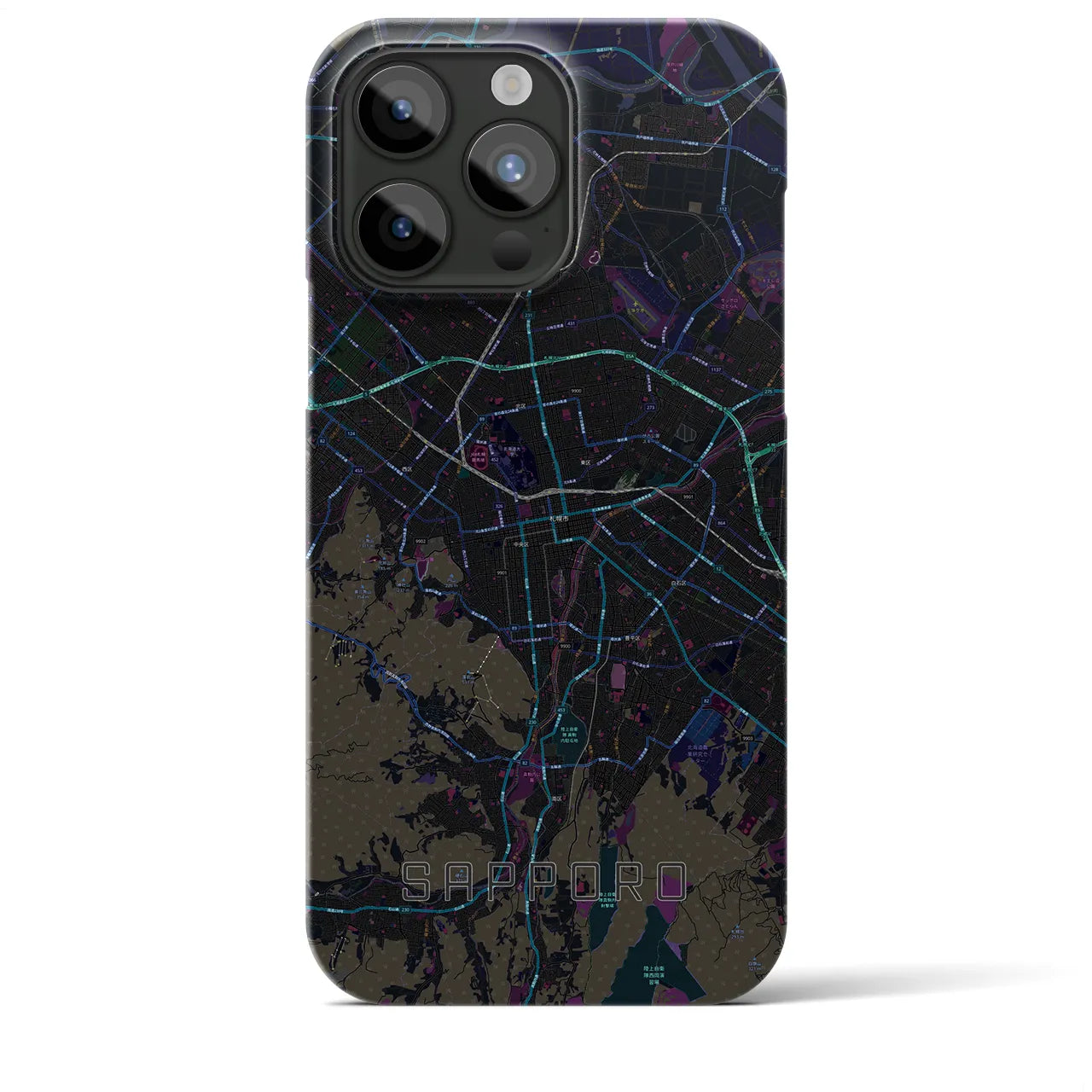 【札幌3】地図柄iPhoneケース（バックカバータイプ・ブラック）iPhone 15 Pro Max 用