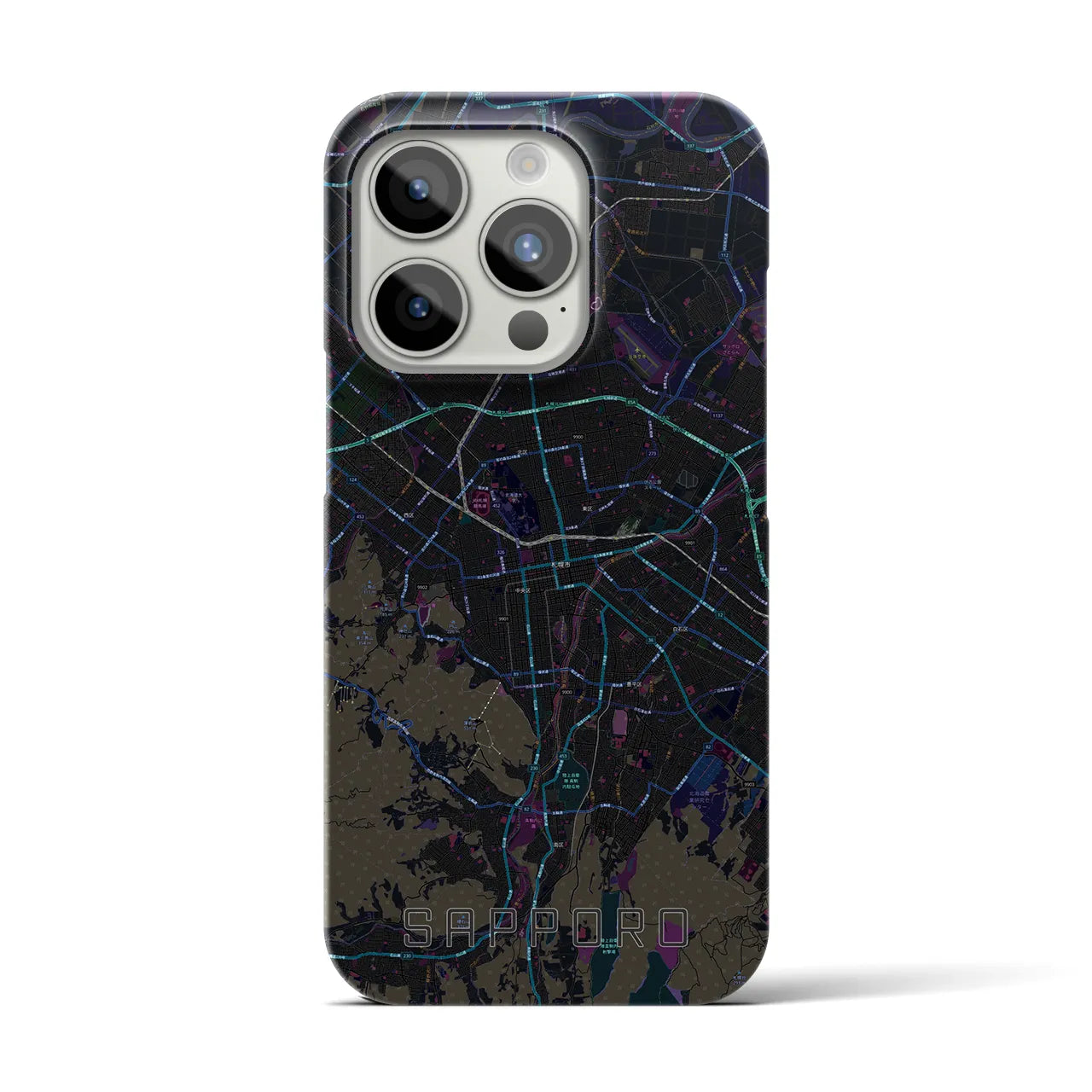 【札幌3】地図柄iPhoneケース（バックカバータイプ・ブラック）iPhone 15 Pro 用