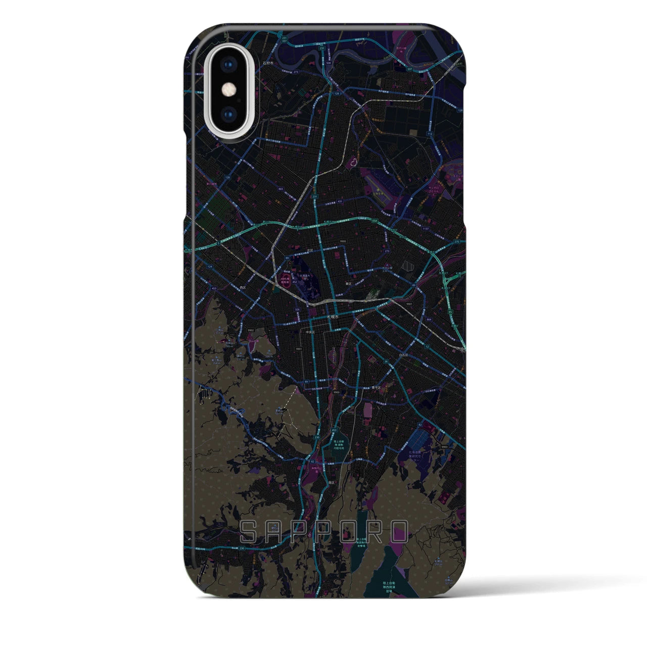 【札幌3】地図柄iPhoneケース（バックカバータイプ・ブラック）iPhone XS Max 用