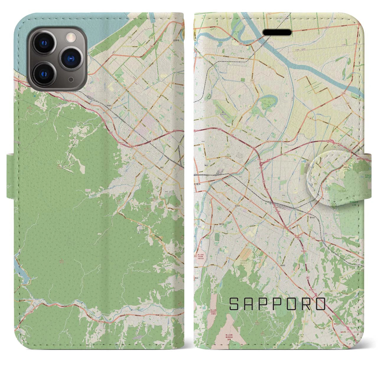 【札幌3】地図柄iPhoneケース（手帳両面タイプ・ナチュラル）iPhone 11 Pro Max 用