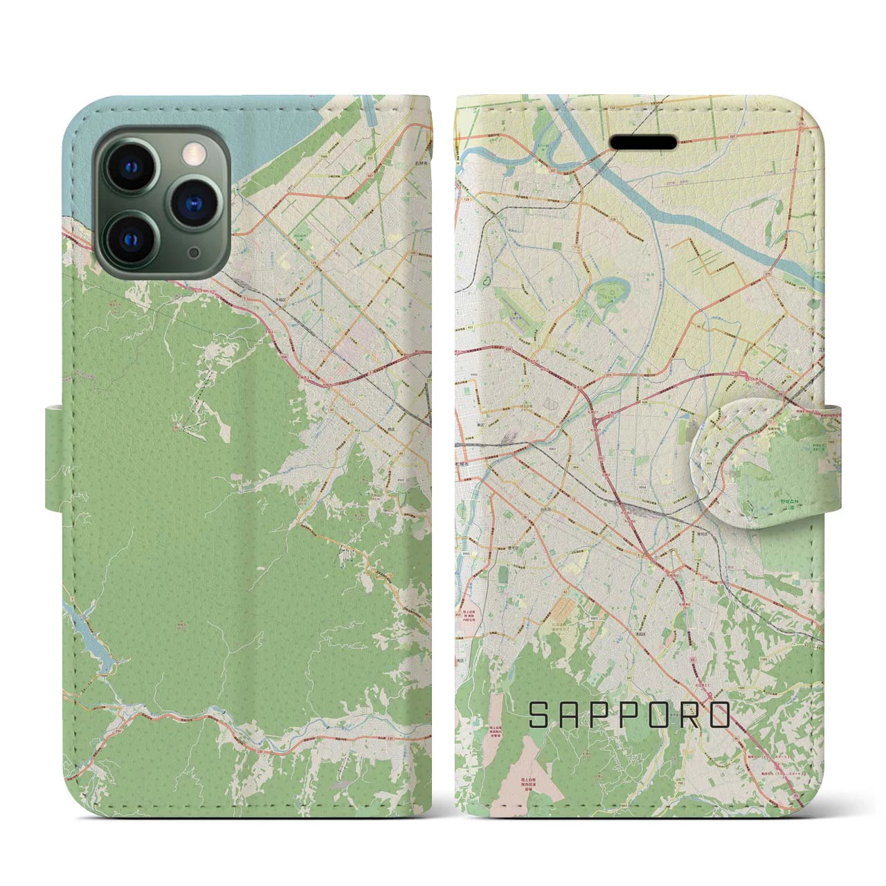 【札幌3】地図柄iPhoneケース（手帳両面タイプ・ナチュラル）iPhone 11 Pro 用