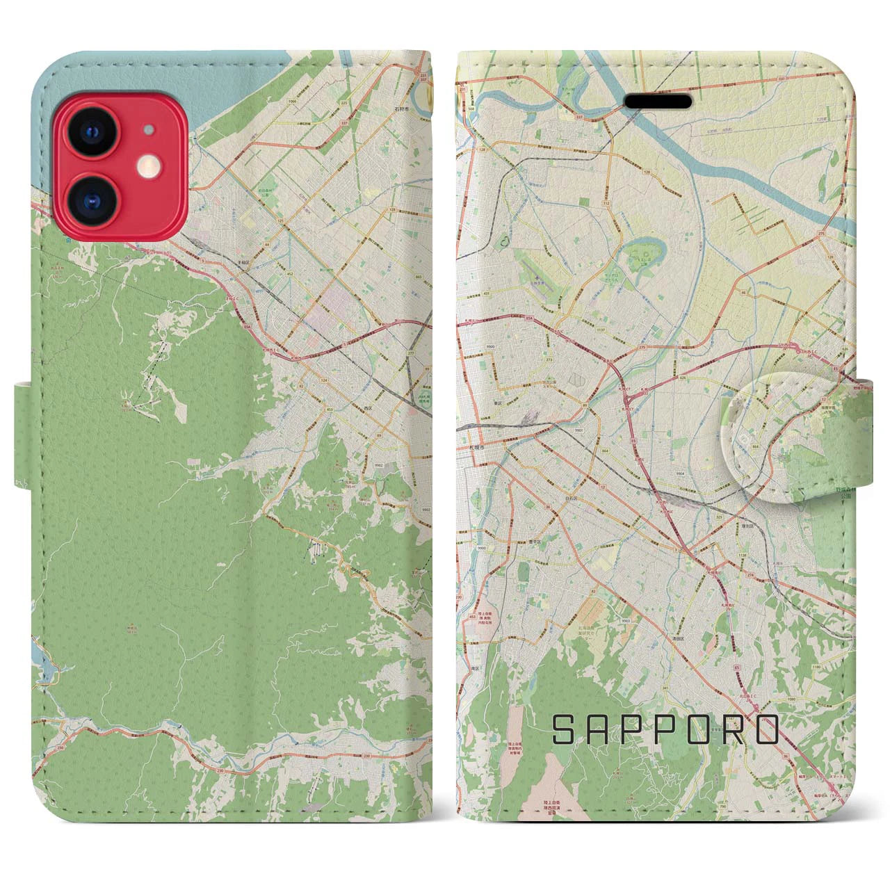 【札幌3】地図柄iPhoneケース（手帳両面タイプ・ナチュラル）iPhone 11 用