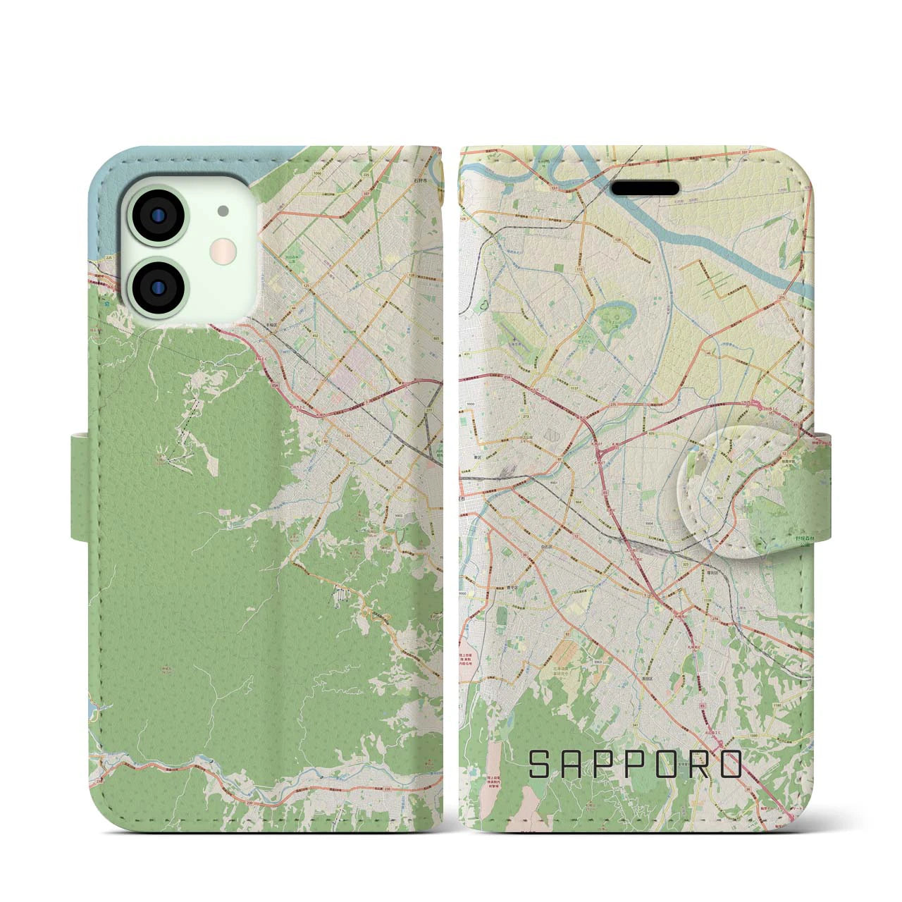 【札幌3】地図柄iPhoneケース（手帳両面タイプ・ナチュラル）iPhone 12 mini 用