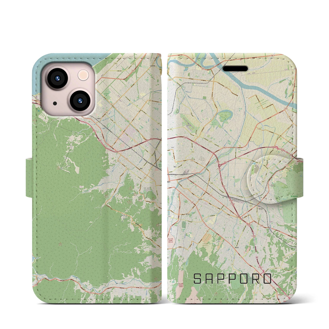 【札幌3】地図柄iPhoneケース（手帳両面タイプ・ナチュラル）iPhone 13 mini 用