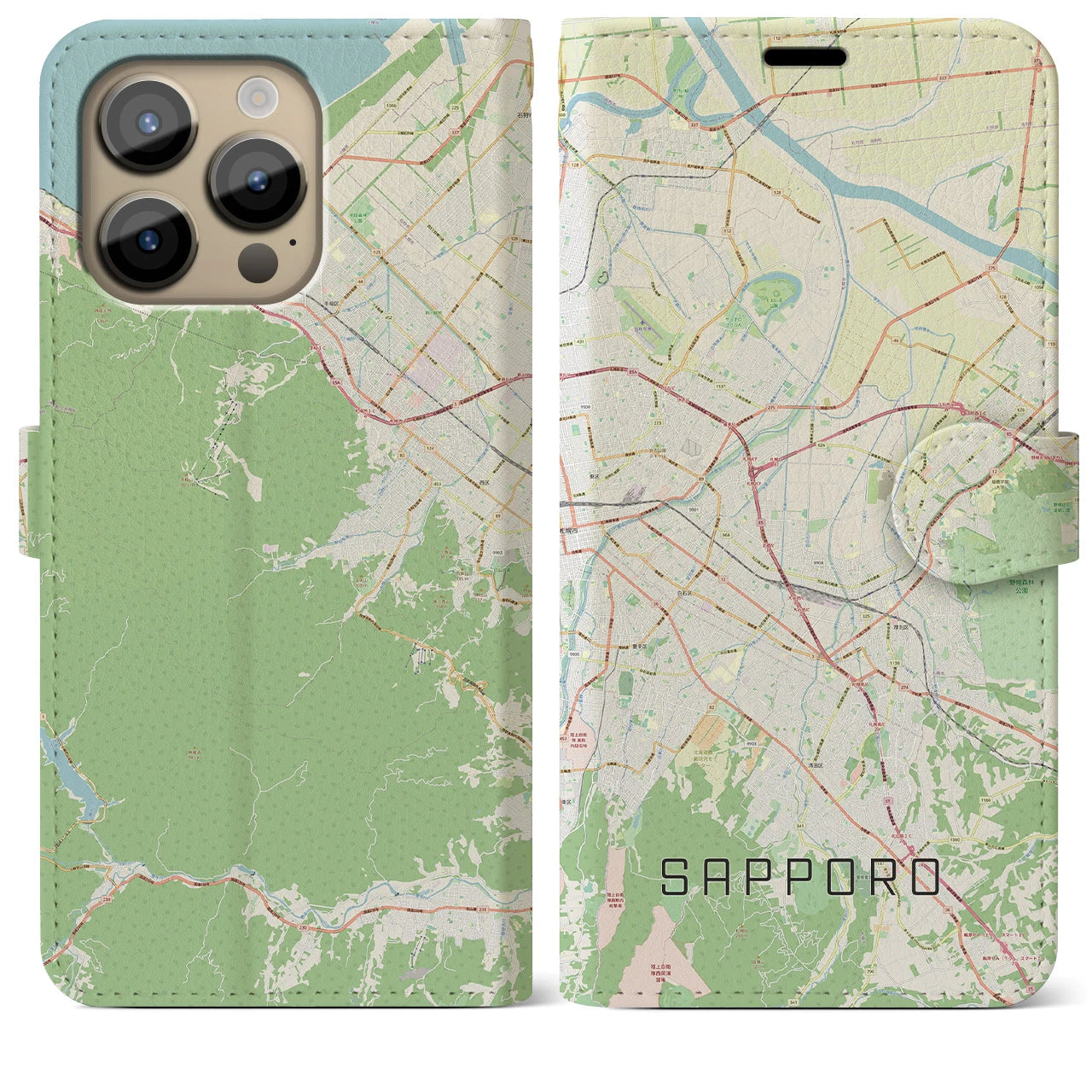 【札幌3】地図柄iPhoneケース（手帳両面タイプ・ナチュラル）iPhone 14 Pro Max 用