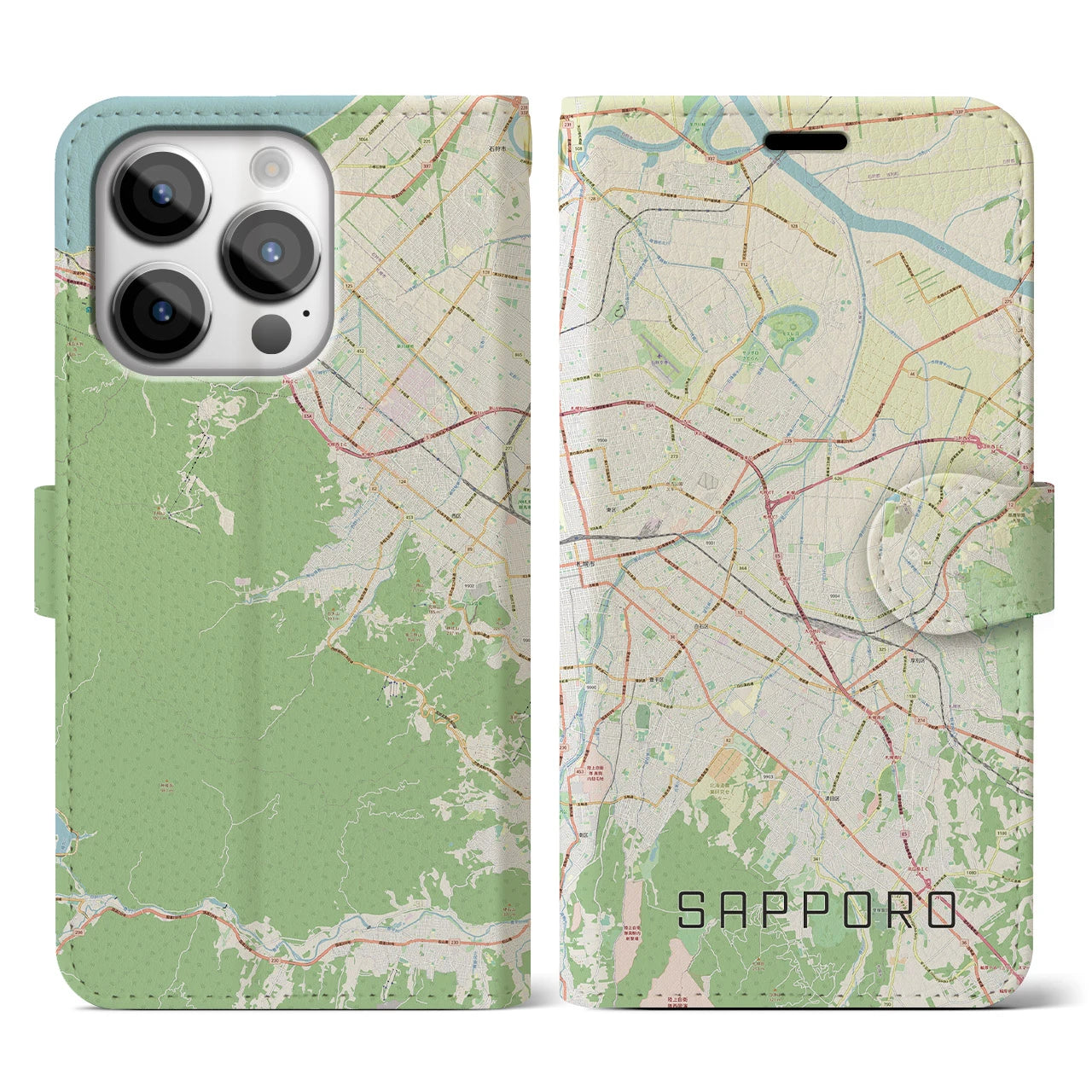 【札幌3】地図柄iPhoneケース（手帳両面タイプ・ナチュラル）iPhone 14 Pro 用