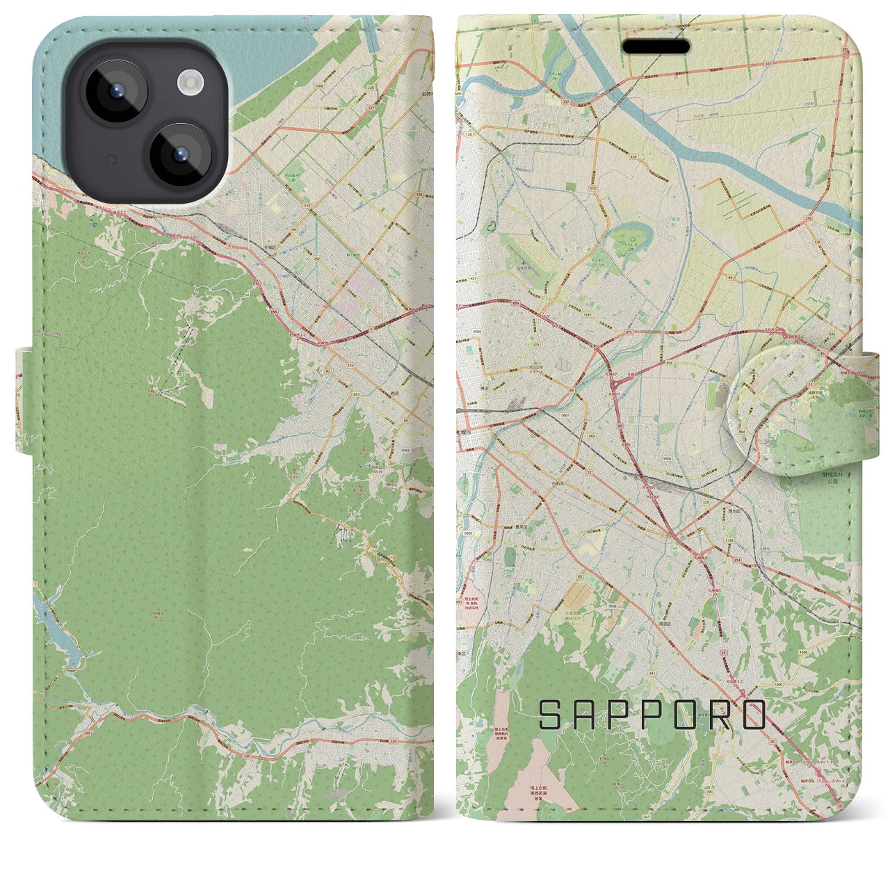 【札幌3】地図柄iPhoneケース（手帳両面タイプ・ナチュラル）iPhone 14 Plus 用