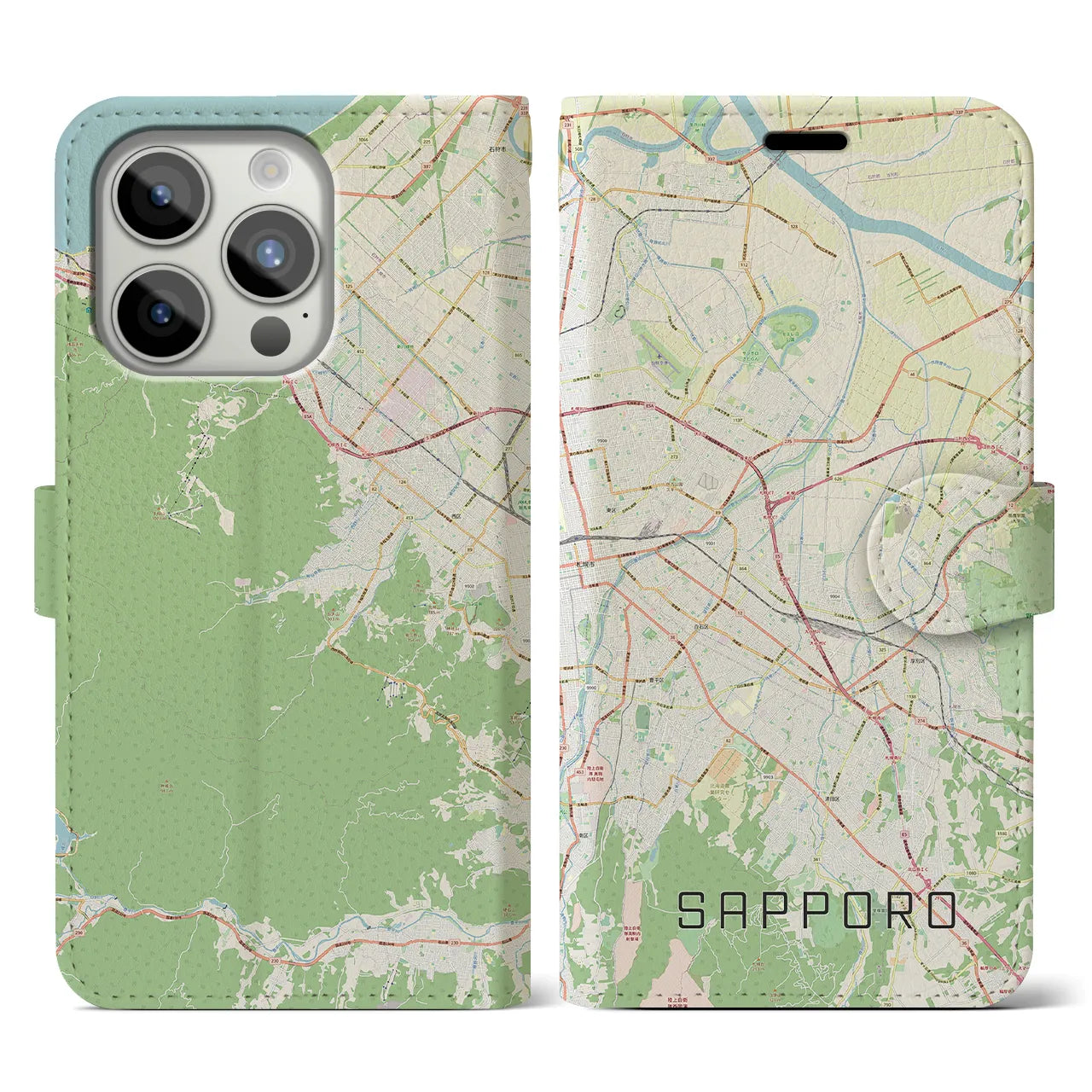 【札幌3】地図柄iPhoneケース（手帳両面タイプ・ナチュラル）iPhone 15 Pro 用