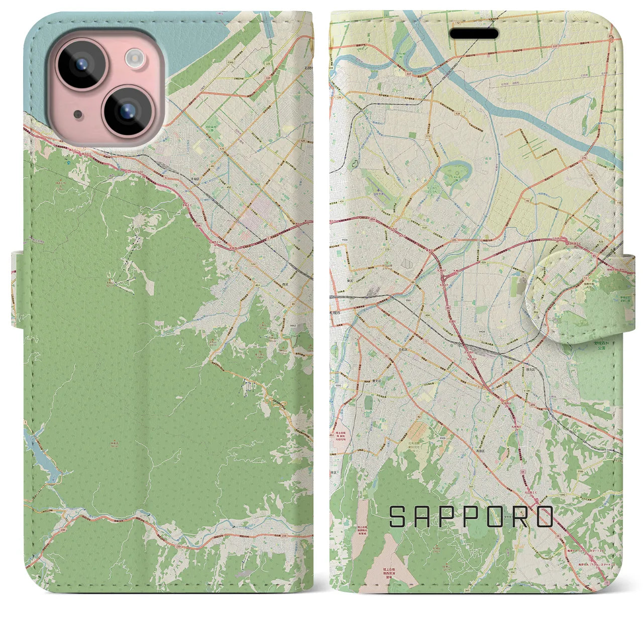【札幌3】地図柄iPhoneケース（手帳両面タイプ・ナチュラル）iPhone 15 Plus 用