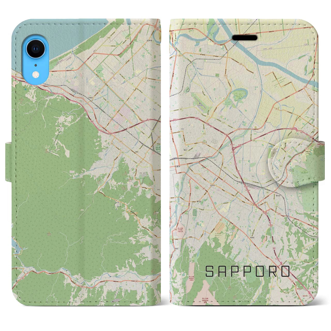 【札幌3】地図柄iPhoneケース（手帳両面タイプ・ナチュラル）iPhone XR 用