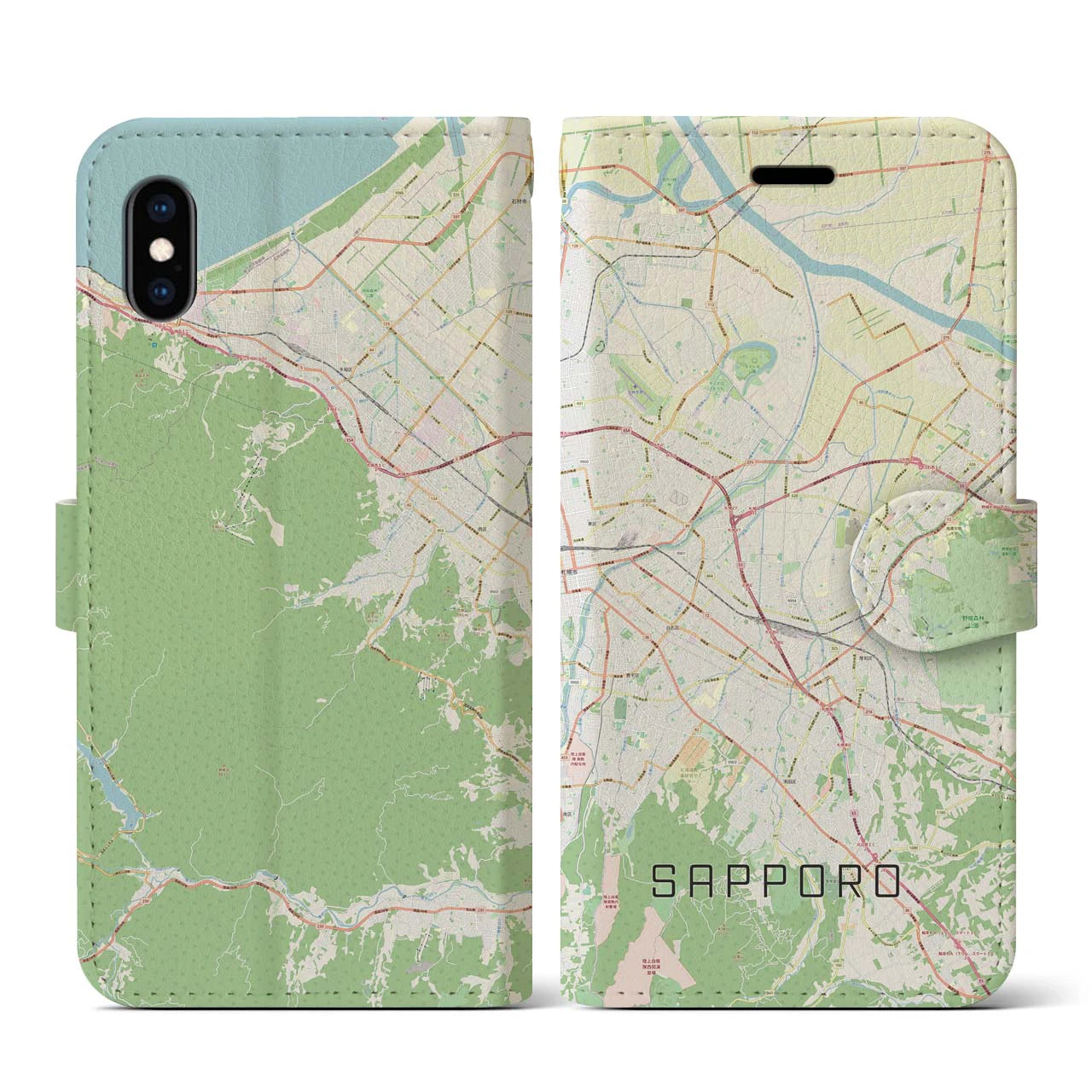 【札幌3】地図柄iPhoneケース（手帳両面タイプ・ナチュラル）iPhone XS / X 用