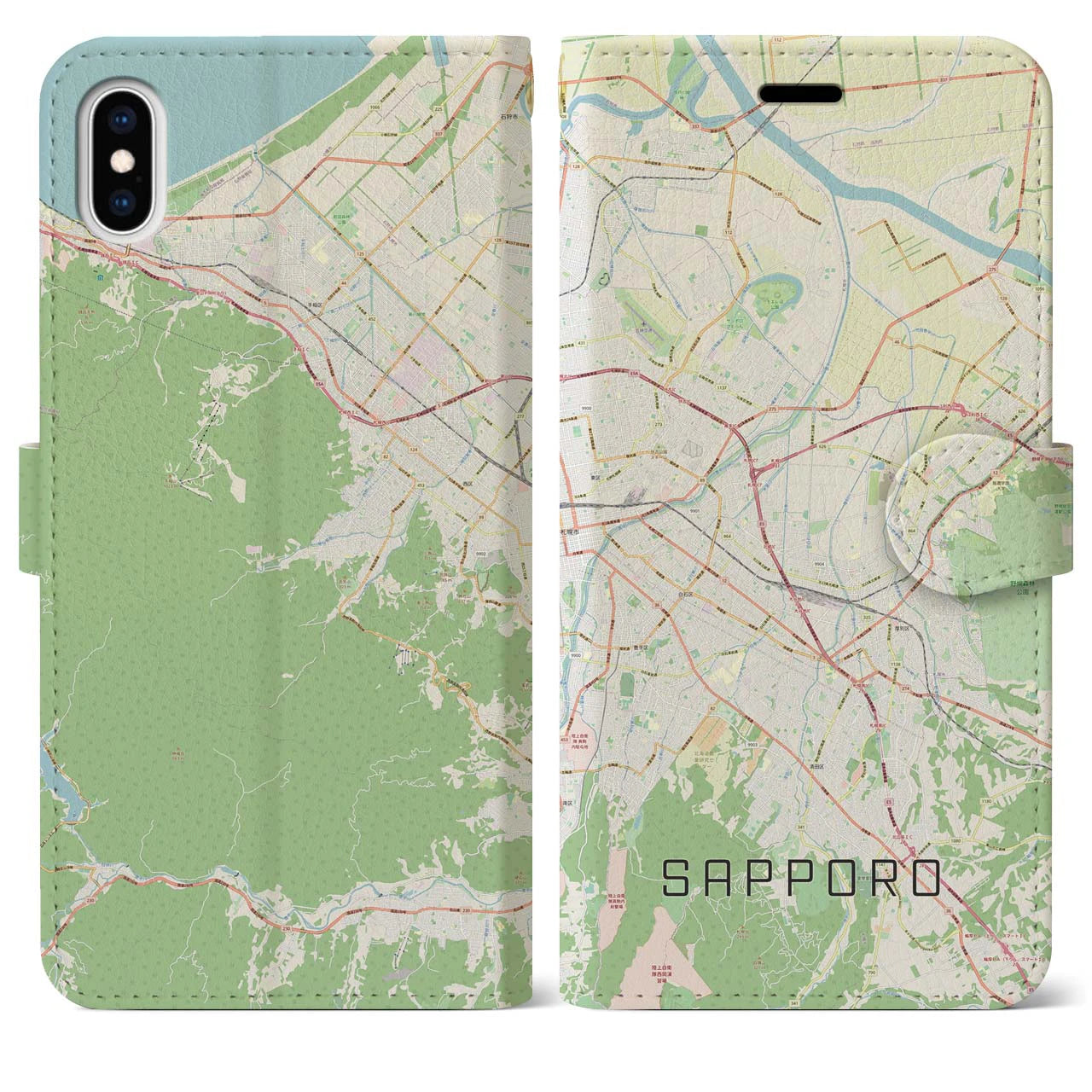 【札幌3】地図柄iPhoneケース（手帳両面タイプ・ナチュラル）iPhone XS Max 用
