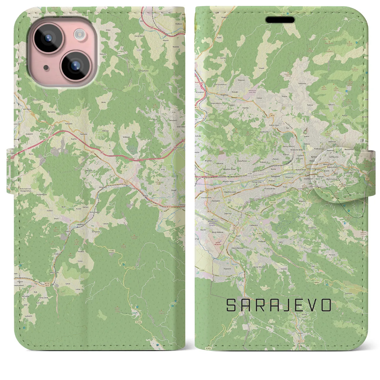 【サラエヴォ】地図柄iPhoneケース（手帳両面タイプ・ナチュラル）iPhone 15 Plus 用