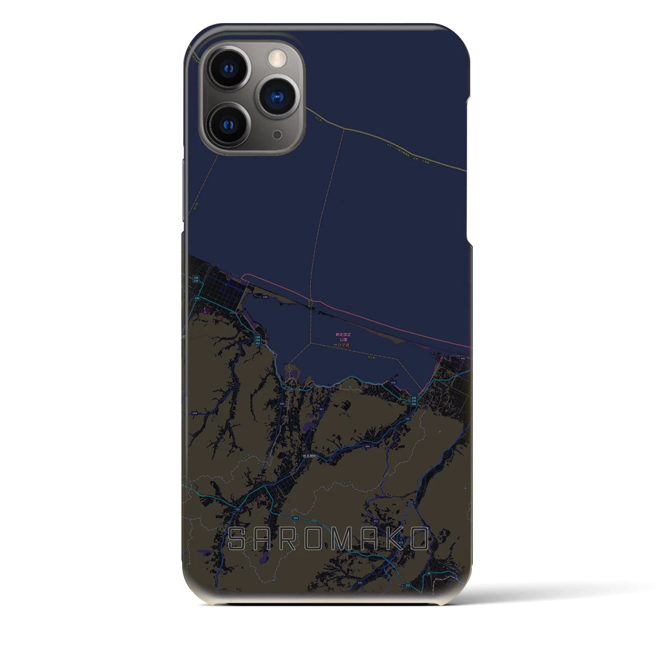 【サロマ湖】地図柄iPhoneケース（バックカバータイプ・ブラック）iPhone 11 Pro Max 用