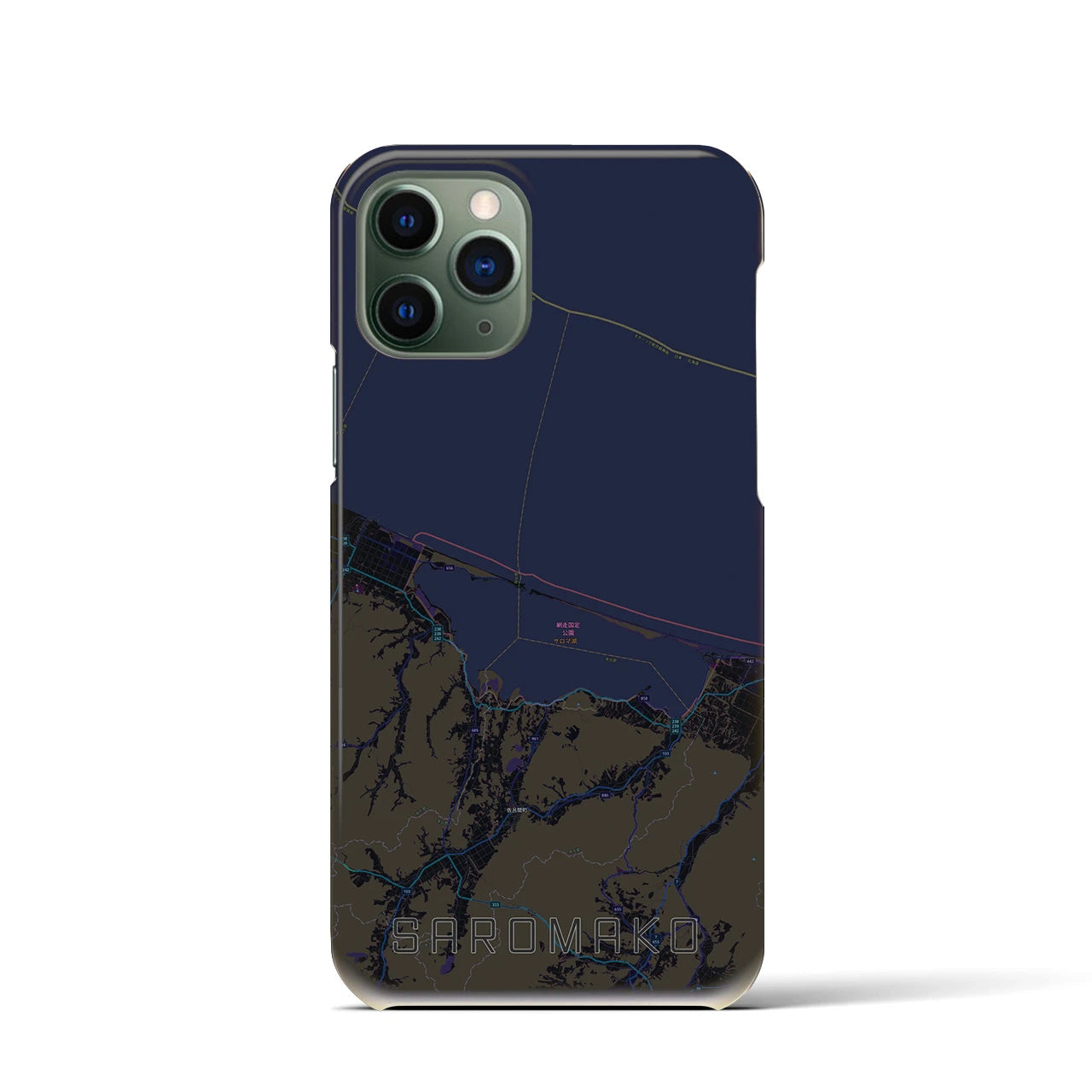 【サロマ湖】地図柄iPhoneケース（バックカバータイプ・ブラック）iPhone 11 Pro 用