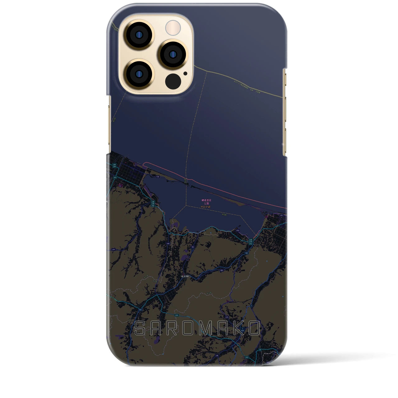 【サロマ湖】地図柄iPhoneケース（バックカバータイプ・ブラック）iPhone 12 Pro Max 用