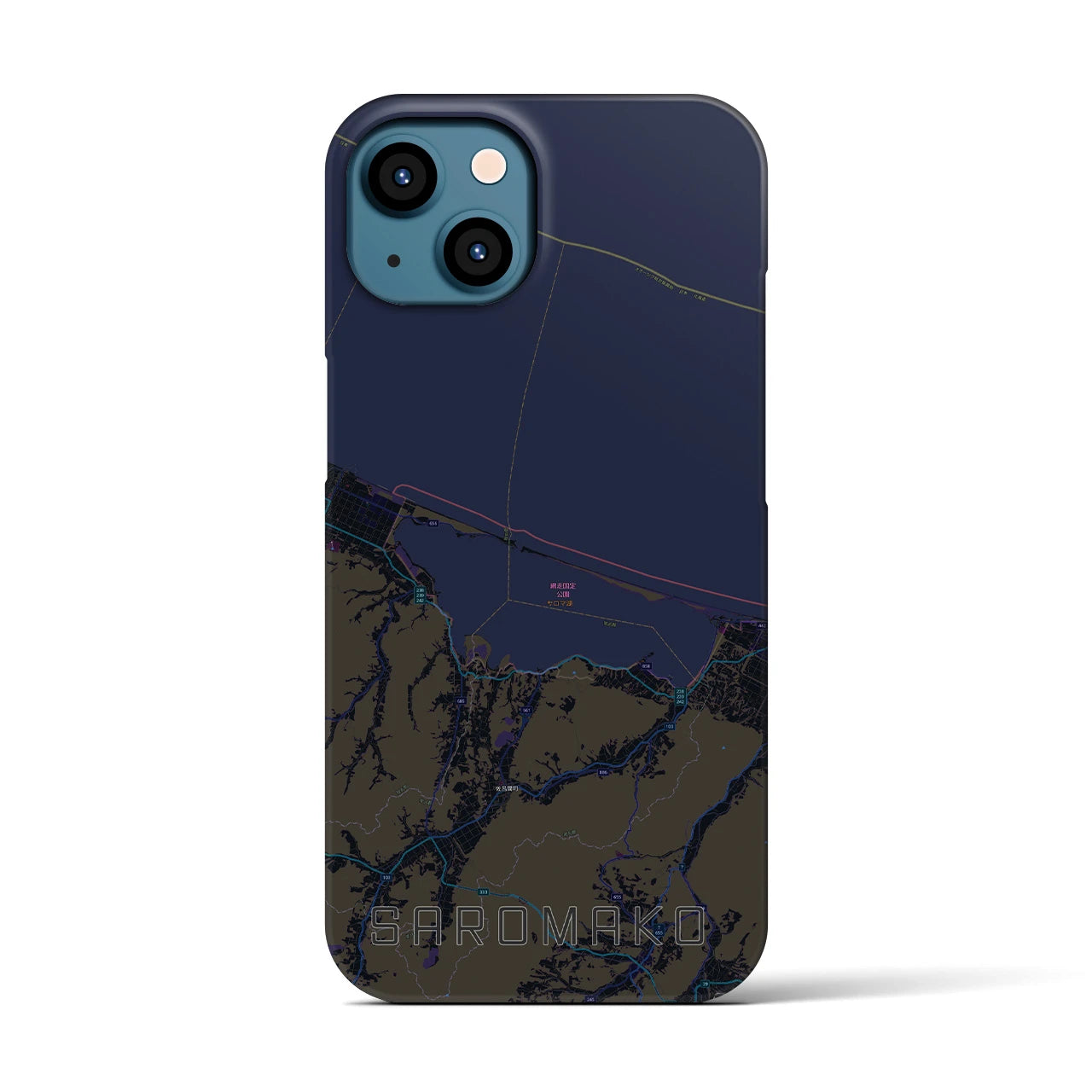 【サロマ湖】地図柄iPhoneケース（バックカバータイプ・ブラック）iPhone 13 用