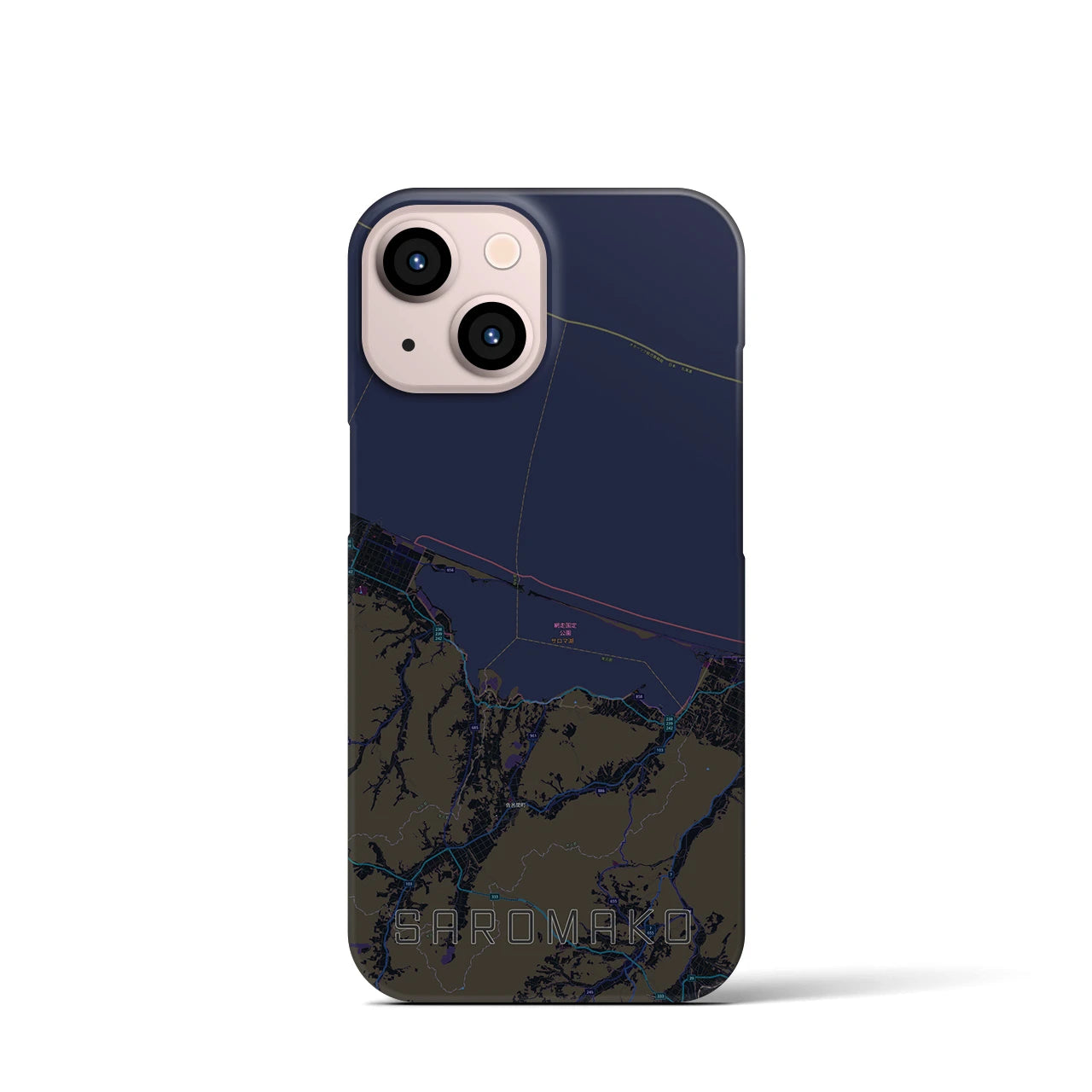 【サロマ湖】地図柄iPhoneケース（バックカバータイプ・ブラック）iPhone 13 mini 用