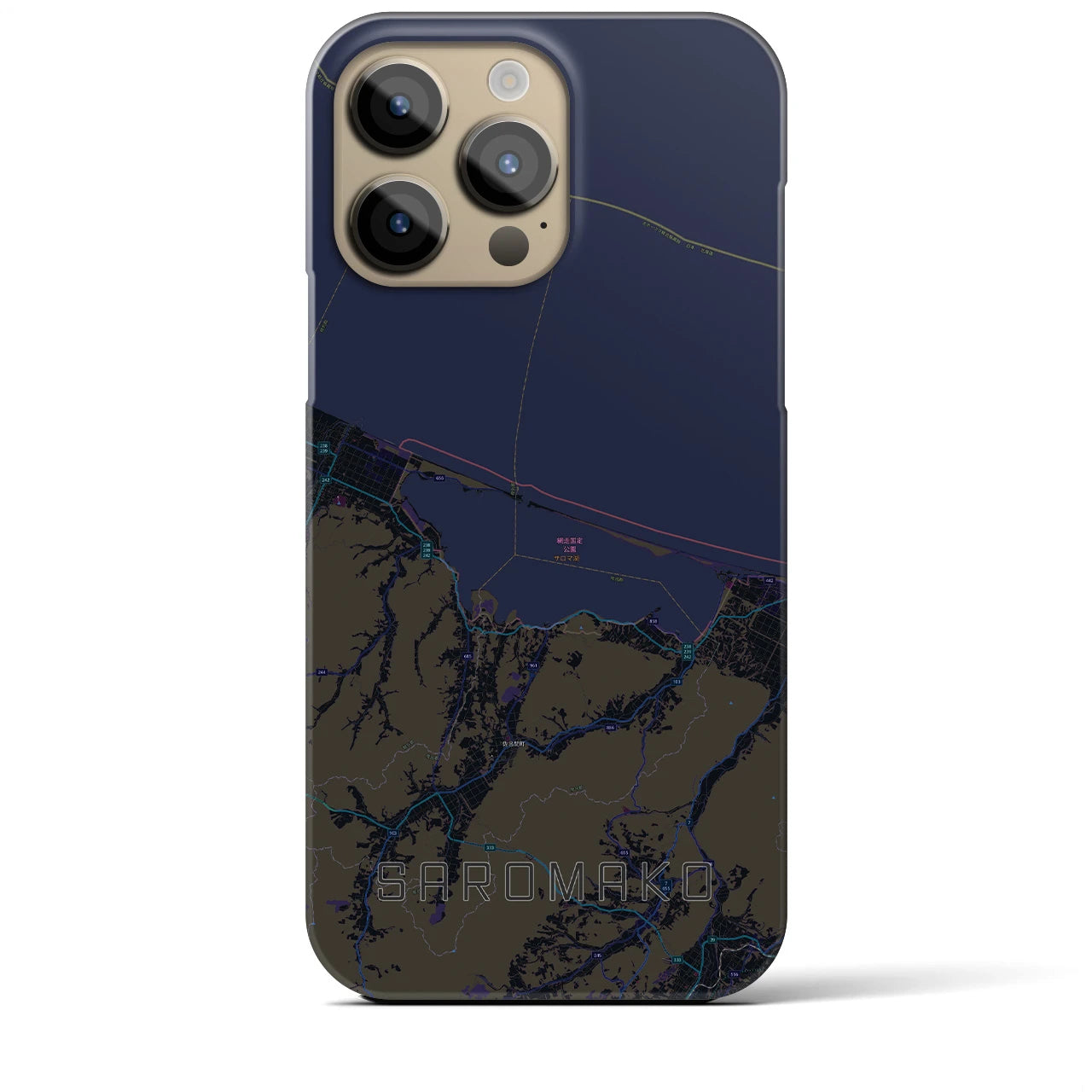 【サロマ湖】地図柄iPhoneケース（バックカバータイプ・ブラック）iPhone 14 Pro Max 用