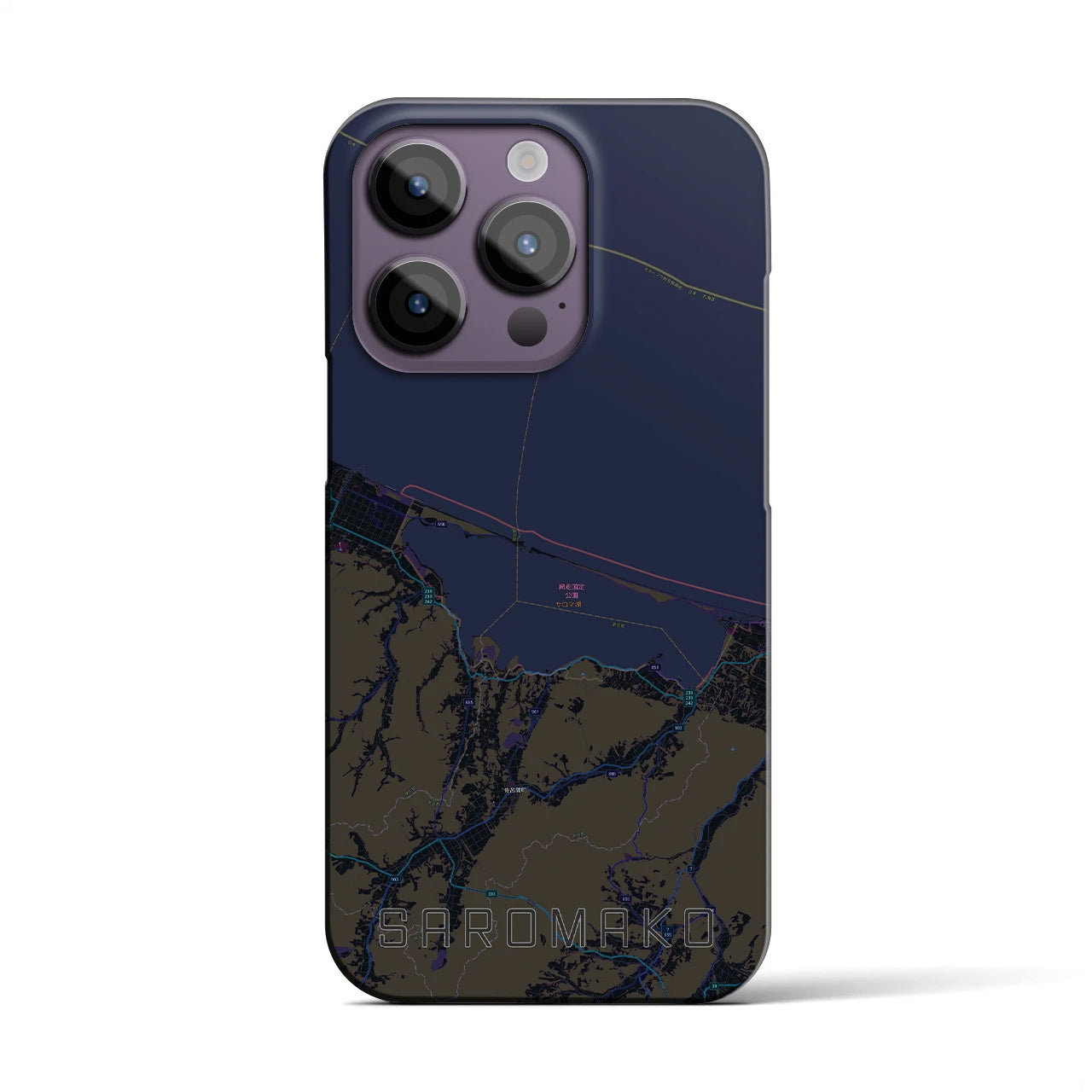 【サロマ湖】地図柄iPhoneケース（バックカバータイプ・ブラック）iPhone 14 Pro 用