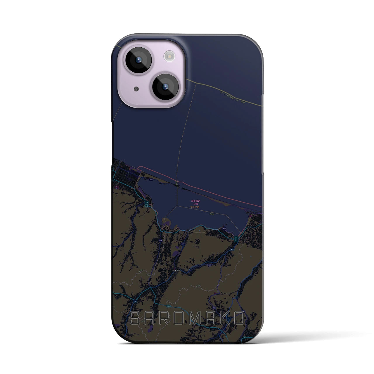 【サロマ湖】地図柄iPhoneケース（バックカバータイプ・ブラック）iPhone 14 用