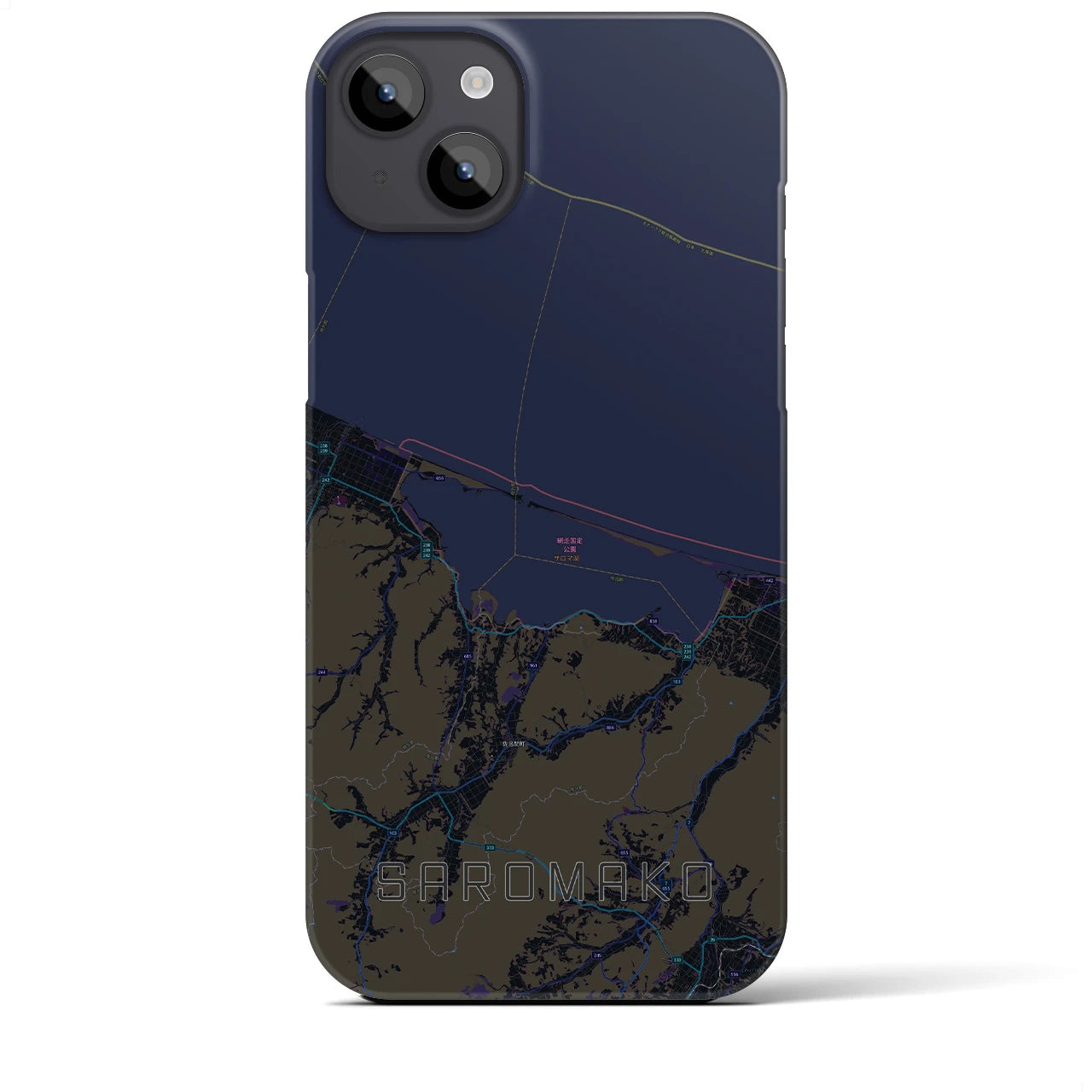 【サロマ湖】地図柄iPhoneケース（バックカバータイプ・ブラック）iPhone 14 Plus 用