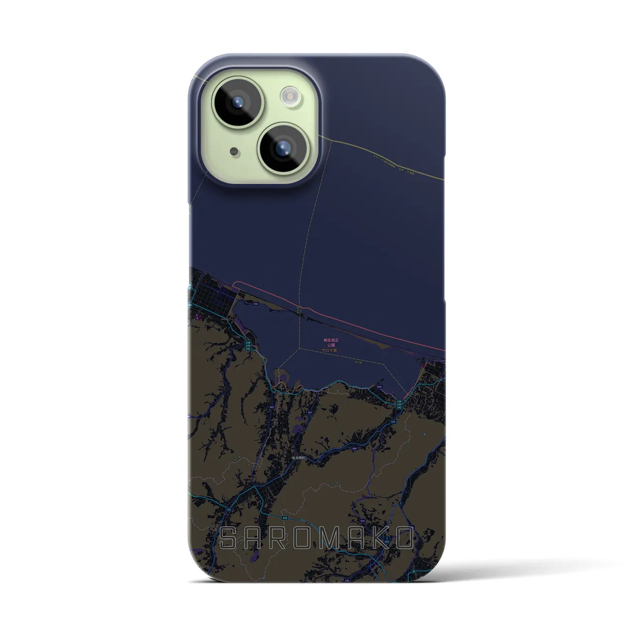 【サロマ湖】地図柄iPhoneケース（バックカバータイプ・ブラック）iPhone 15 用