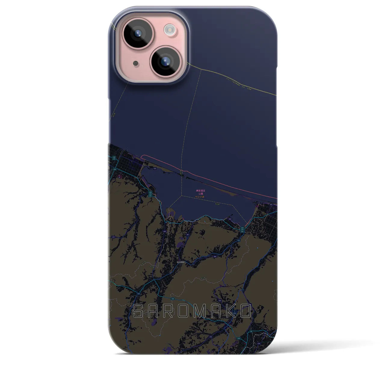 【サロマ湖】地図柄iPhoneケース（バックカバータイプ・ブラック）iPhone 15 Plus 用