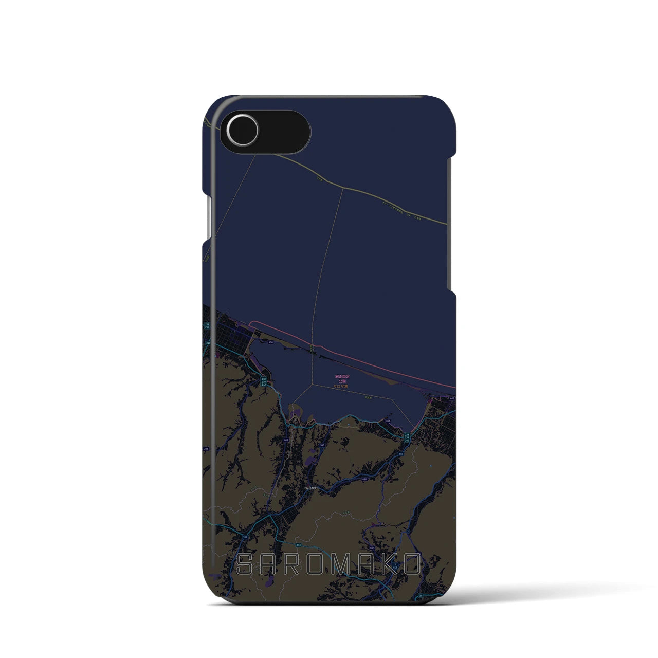 【サロマ湖】地図柄iPhoneケース（バックカバータイプ・ブラック）iPhone SE（第3 / 第2世代） / 8 / 7 / 6s / 6 用