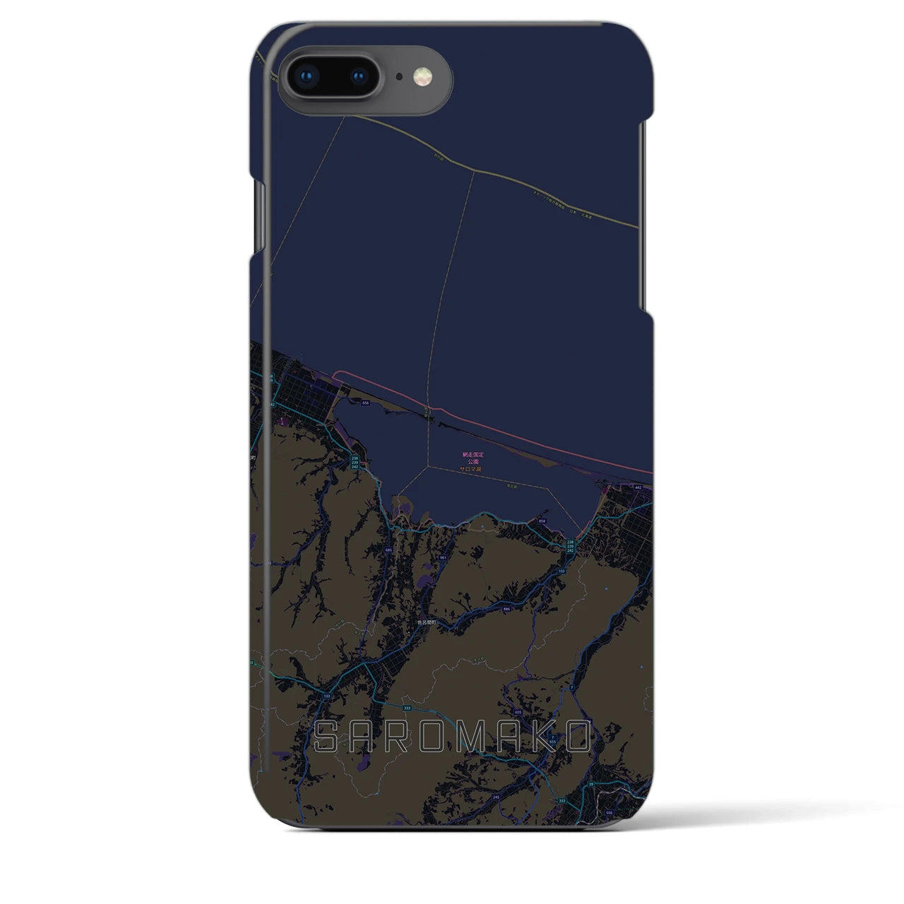 【サロマ湖】地図柄iPhoneケース（バックカバータイプ・ブラック）iPhone 8Plus /7Plus / 6sPlus / 6Plus 用