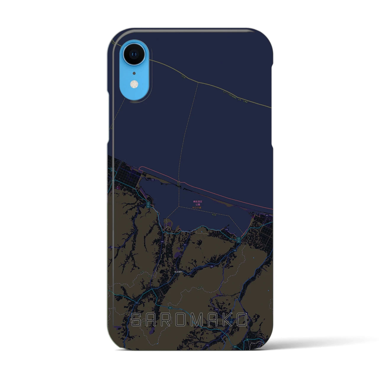 【サロマ湖】地図柄iPhoneケース（バックカバータイプ・ブラック）iPhone XR 用