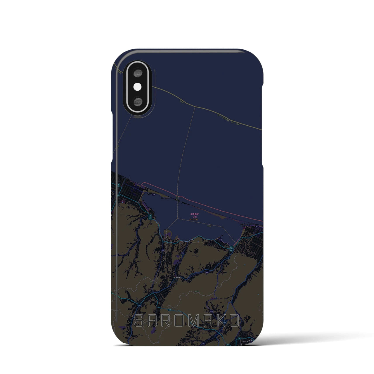 【サロマ湖】地図柄iPhoneケース（バックカバータイプ・ブラック）iPhone XS / X 用