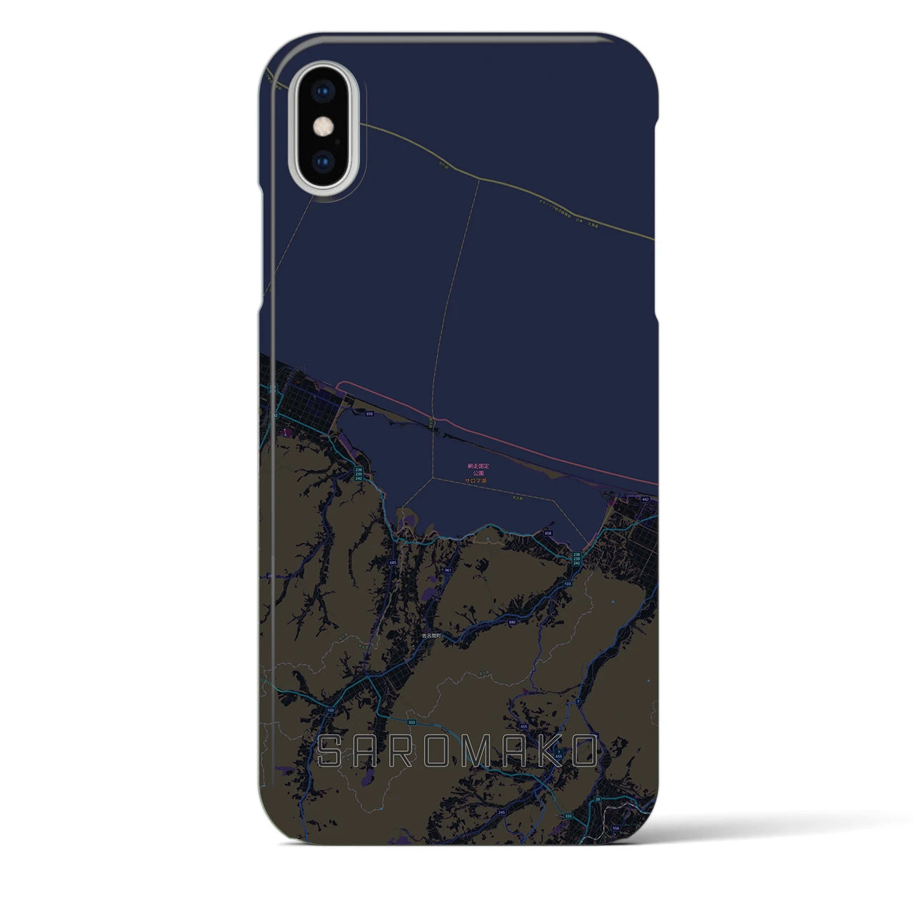【サロマ湖】地図柄iPhoneケース（バックカバータイプ・ブラック）iPhone XS Max 用