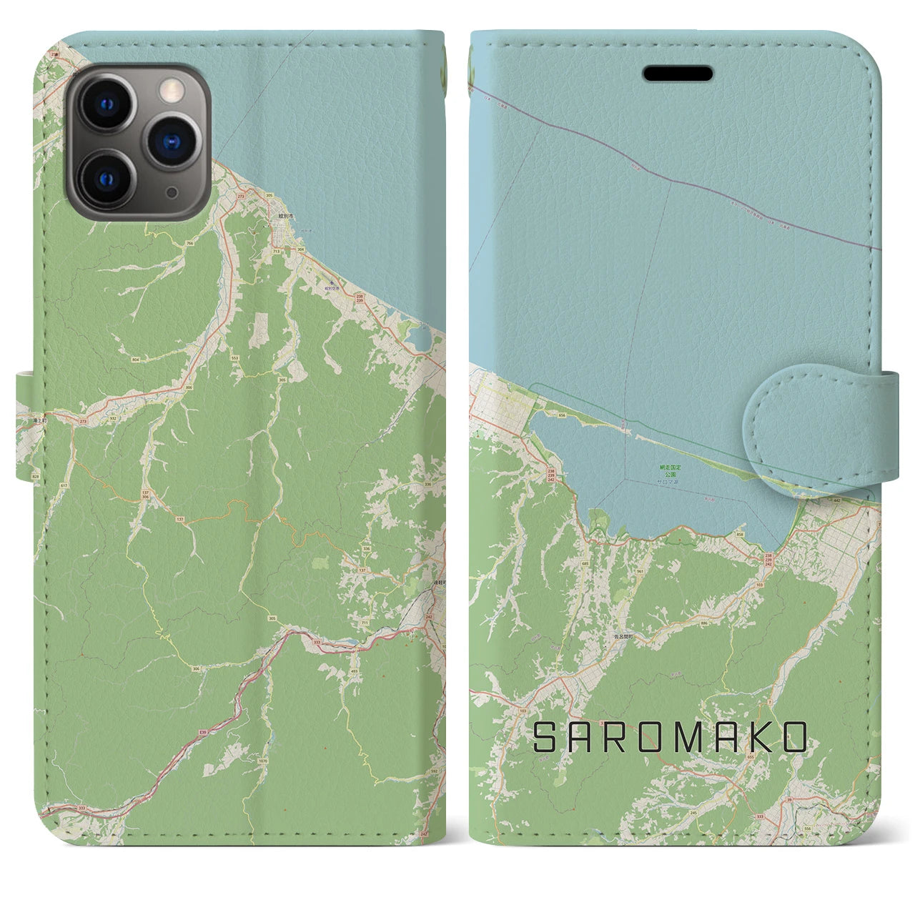 【サロマ湖】地図柄iPhoneケース（手帳両面タイプ・ナチュラル）iPhone 11 Pro Max 用