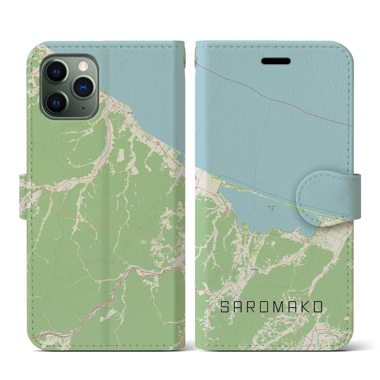 【サロマ湖】地図柄iPhoneケース（手帳両面タイプ・ナチュラル）iPhone 11 Pro 用