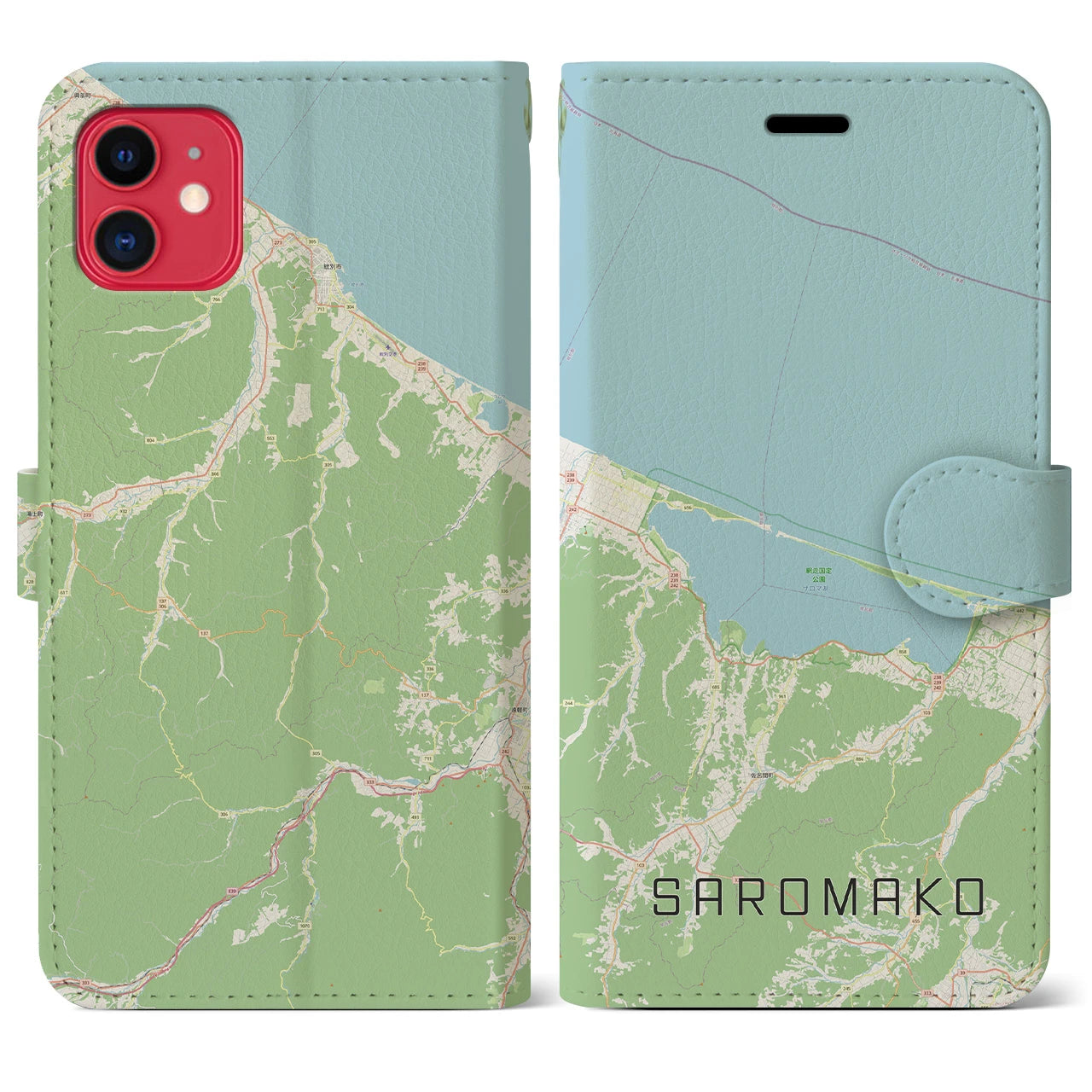 【サロマ湖】地図柄iPhoneケース（手帳両面タイプ・ナチュラル）iPhone 11 用