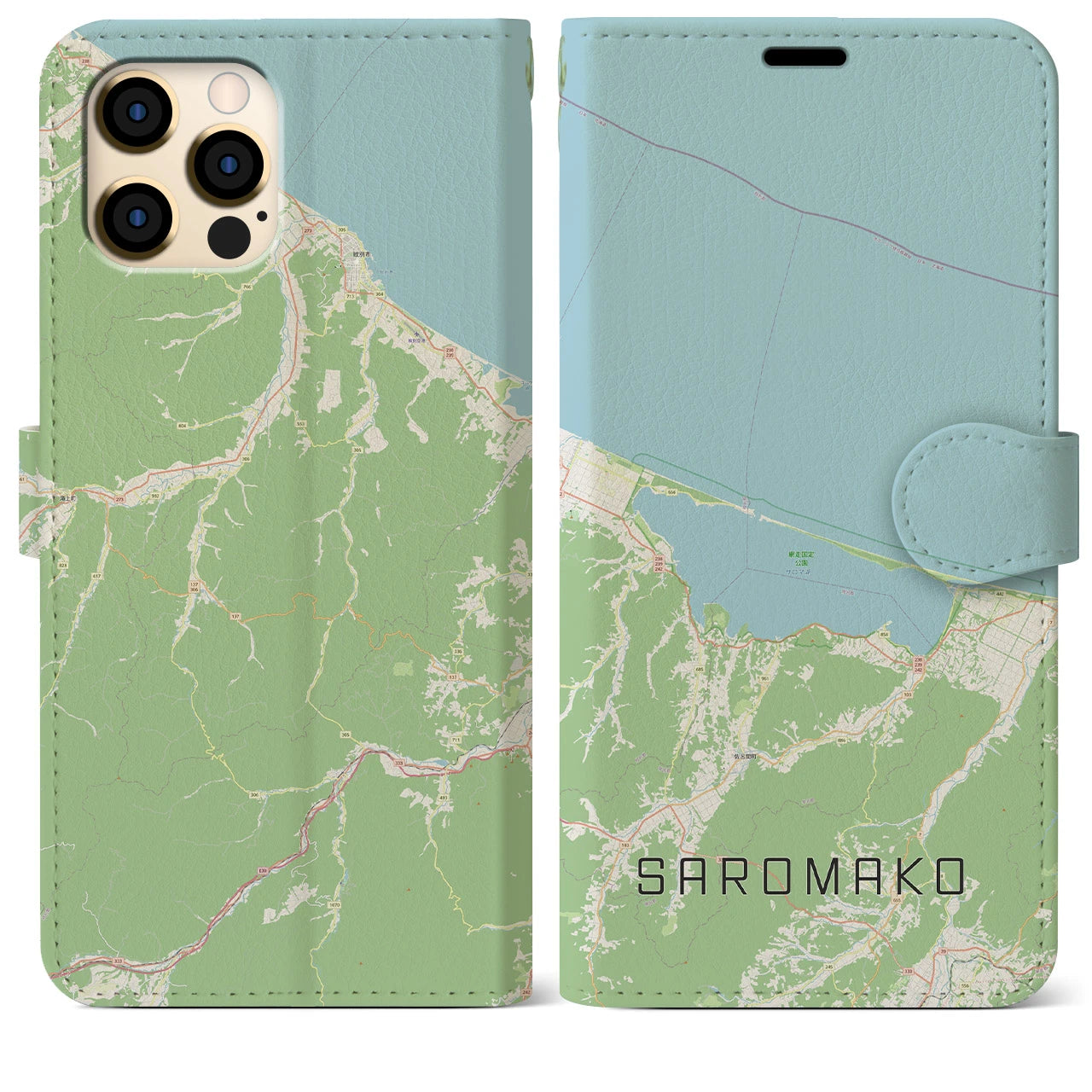 【サロマ湖】地図柄iPhoneケース（手帳両面タイプ・ナチュラル）iPhone 12 Pro Max 用