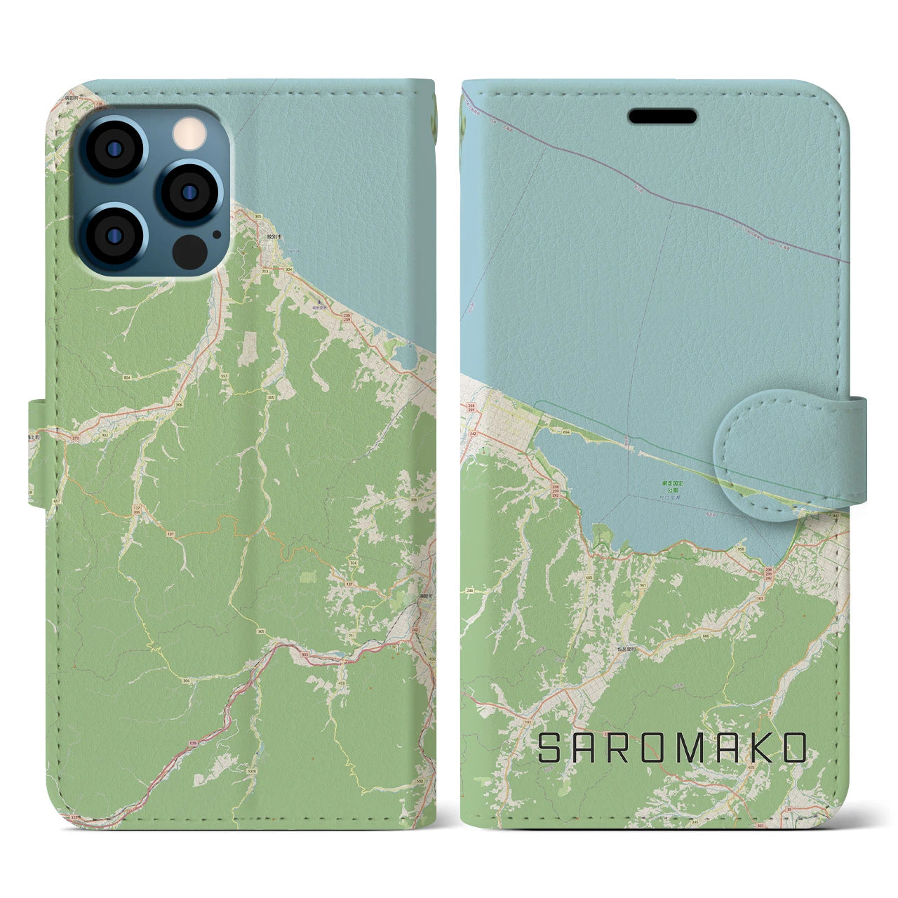 【サロマ湖】地図柄iPhoneケース（手帳両面タイプ・ナチュラル）iPhone 12 / 12 Pro 用