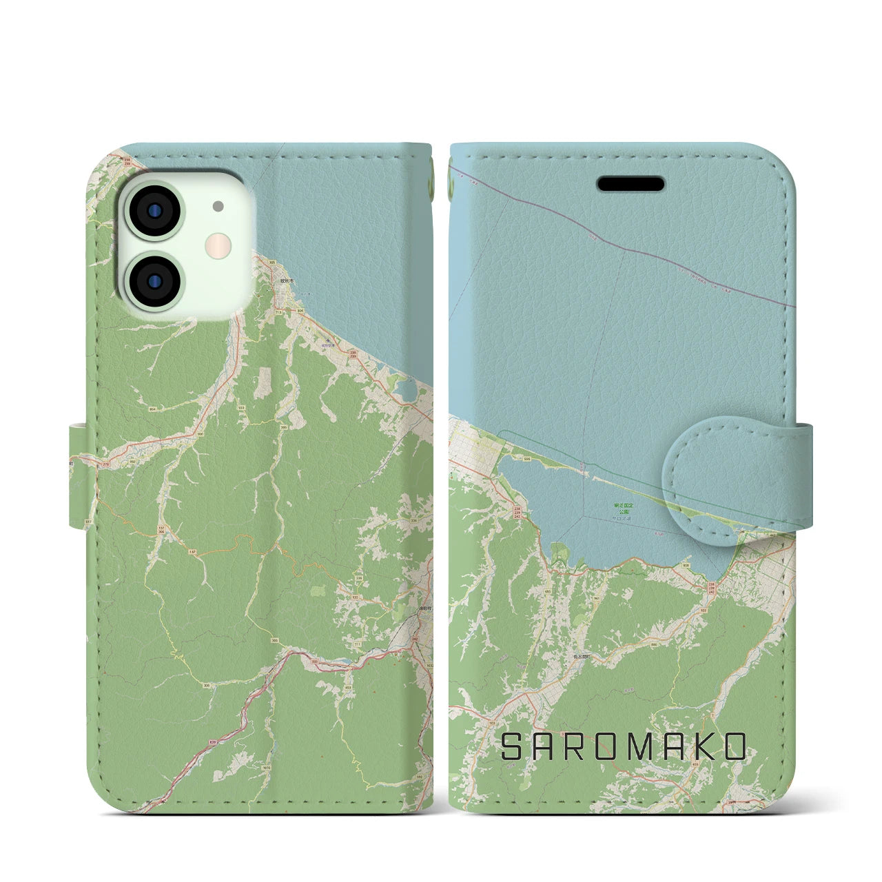【サロマ湖】地図柄iPhoneケース（手帳両面タイプ・ナチュラル）iPhone 12 mini 用