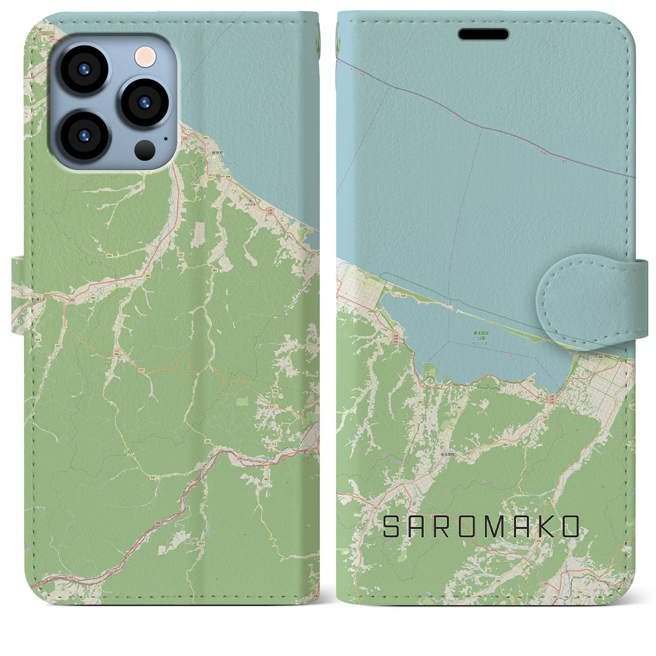 【サロマ湖】地図柄iPhoneケース（手帳両面タイプ・ナチュラル）iPhone 13 Pro Max 用