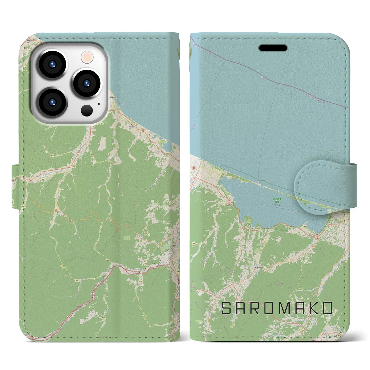 【サロマ湖】地図柄iPhoneケース（手帳両面タイプ・ナチュラル）iPhone 13 Pro 用