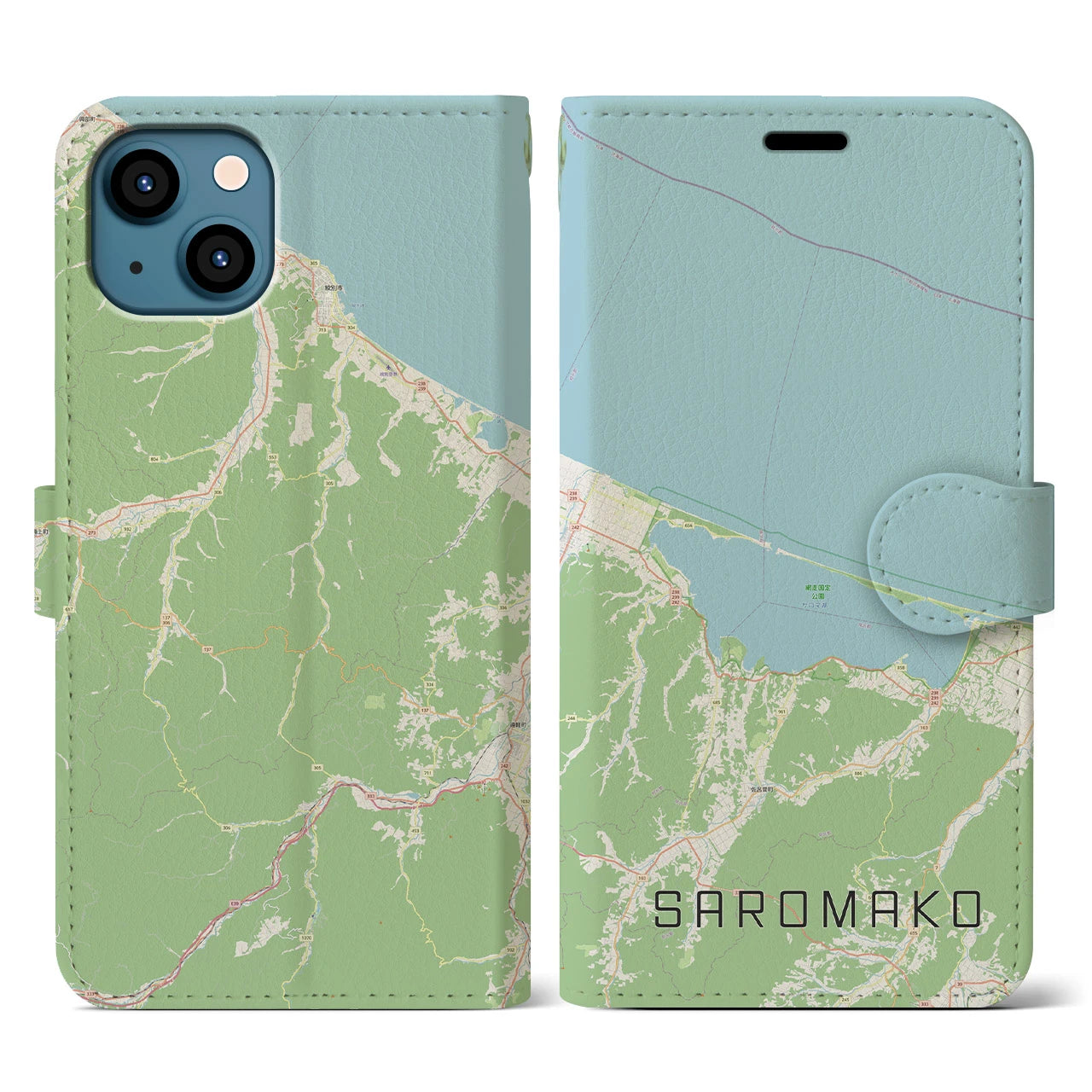 【サロマ湖】地図柄iPhoneケース（手帳両面タイプ・ナチュラル）iPhone 13 用