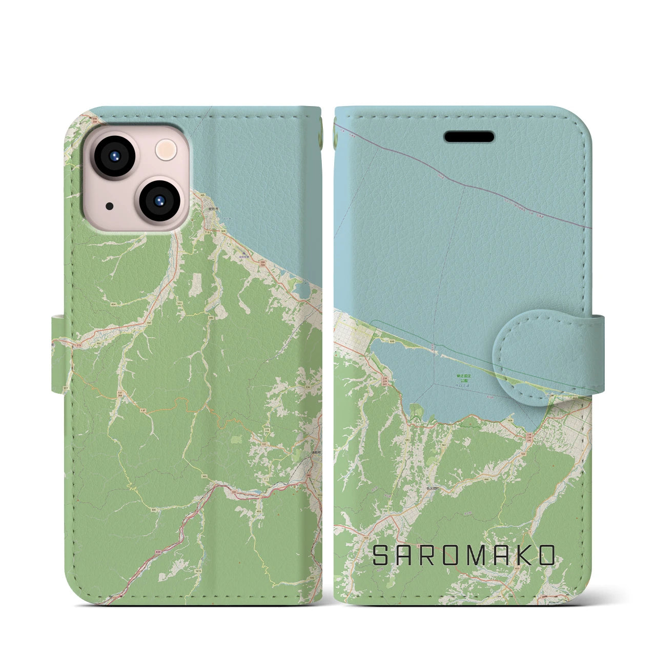 【サロマ湖】地図柄iPhoneケース（手帳両面タイプ・ナチュラル）iPhone 13 mini 用
