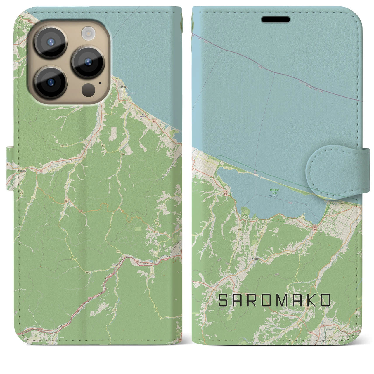 【サロマ湖】地図柄iPhoneケース（手帳両面タイプ・ナチュラル）iPhone 14 Pro Max 用