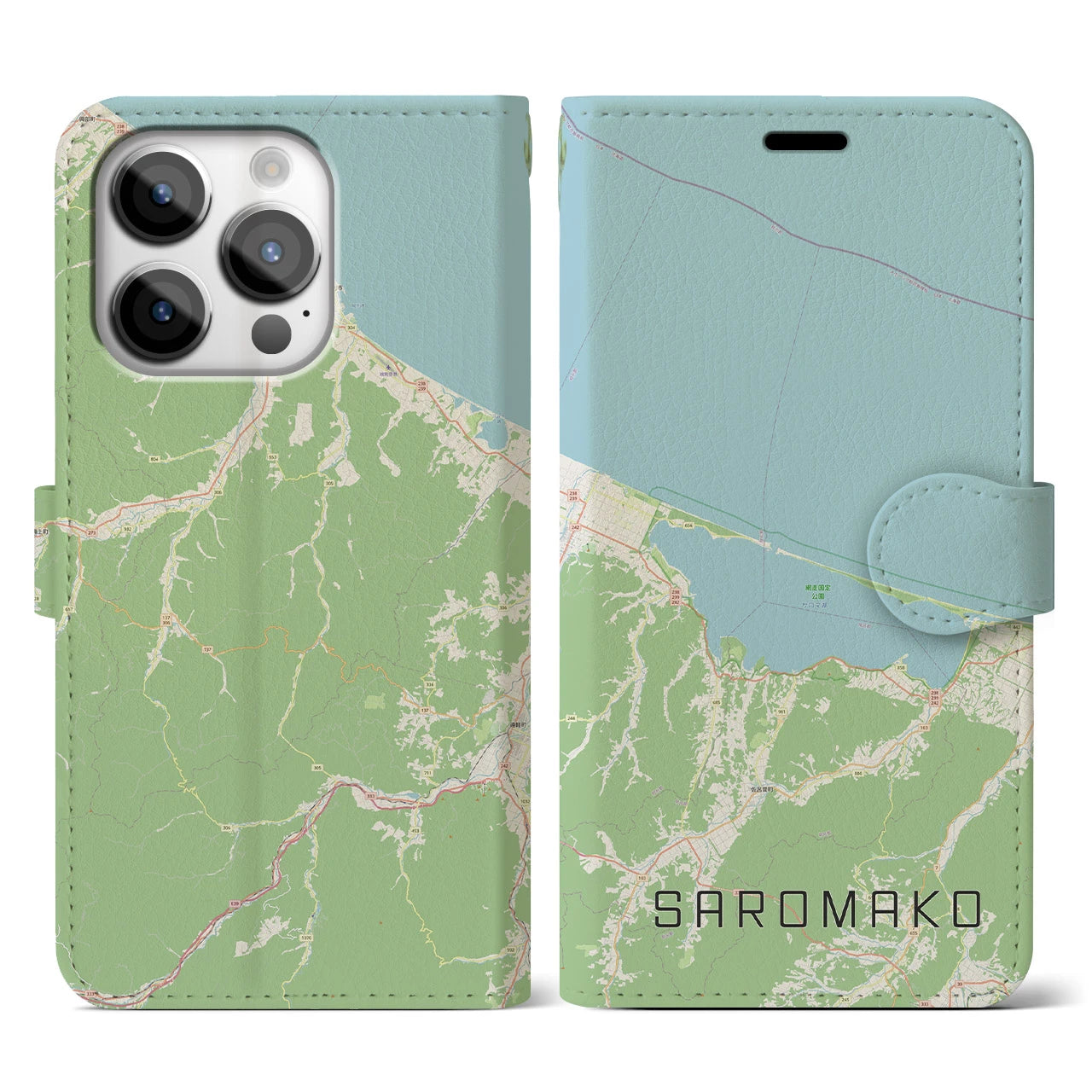 【サロマ湖】地図柄iPhoneケース（手帳両面タイプ・ナチュラル）iPhone 14 Pro 用
