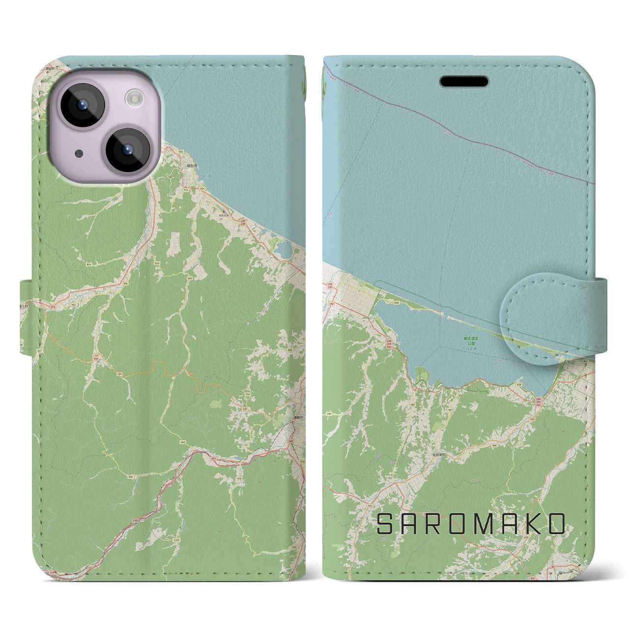 【サロマ湖】地図柄iPhoneケース（手帳両面タイプ・ナチュラル）iPhone 14 用