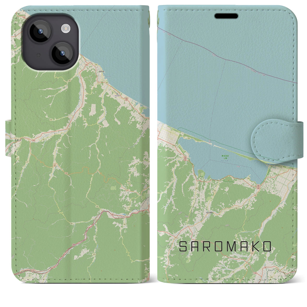 【サロマ湖】地図柄iPhoneケース（手帳両面タイプ・ナチュラル）iPhone 14 Plus 用