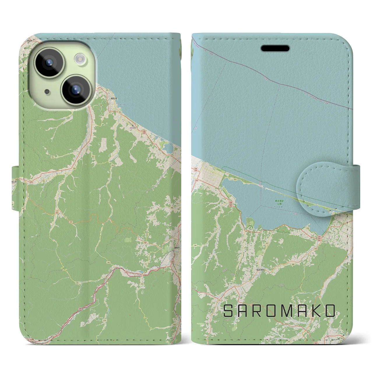 【サロマ湖】地図柄iPhoneケース（手帳両面タイプ・ナチュラル）iPhone 15 用